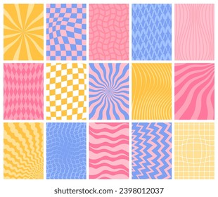 Retro patterns. Groovy hippie cards, vintage psychedelic backgrounds, trendy aesthetic posters, funky hippie style, twisted line, vector set