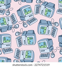Retro Pc, Cute Old Computer Seamless Pattern