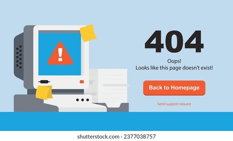 Retro pc desktop with office papers. 404 error message webpage.