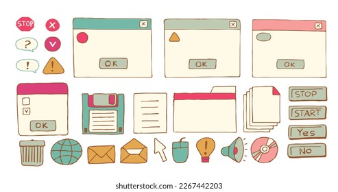 Elementos retro de pc, interfaz de usuario, sistema operativo, ventanas, iconos de estilo retro moderno. conjunto vectorial de cuadros de diálogo de elementos ui de equipo antiguo. Ilustración de los años 90. Ilustración del vector