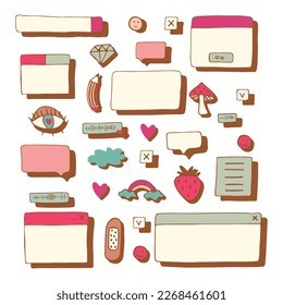 Retro pc elements, user interface, operating system, windows, icons in trendy retro style, modern stickers. old computer ui elements dialog boxes vector set. Illustration 90s. Vector illustration