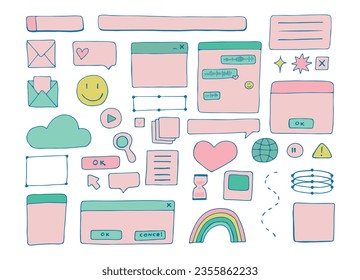 Retro pc elements, user interface, operating system, windows, icons in trendy retro style. old computer ui elements dialog boxes vector set. Illustration 90s. Vector illustration