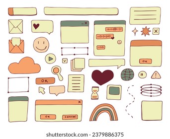 Retro pc elements, user interface, operating system, windows, icons in trendy retro style, modern stickers. old computer ui elements dialog boxes vector set. Illustration 90s. Vector illustration