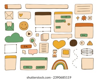 Retro PC-Elemente, Benutzerschnittstelle, Betriebssystem, Fenster, Symbole im trendigen Retro-Stil, moderne Aufkleber. alte Computer-ui-Elemente-Dialogfelder Vektor-Set. Illustration der 90er. Vektorgrafik