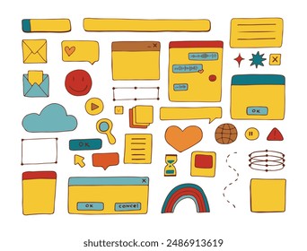 Retro pc elements, user interface, operating system, windows, icons in trendy retro style, modern stickers. old computer ui elements dialog boxes vector set. Illustration 90s. Vector illustration