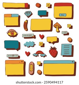 Retro pc elements, user interface, operating system, windows, icons in trendy retro style, modern stickers. old computer ui elements dialog boxes vector set. Illustration 90s. Vector illustration