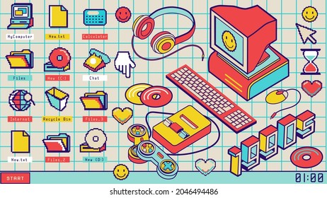 Retro pc folders, icons. Pixel shortcuts application: my computer, disk D, calculator, recycle bin. 90's desktop editable background .Old computer aesthetic illustration,  nostalgia sticker pack.