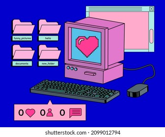 Retro PC machine with CRT monitor and keyboard. Vaporwave style vector illustration in pastel colors.