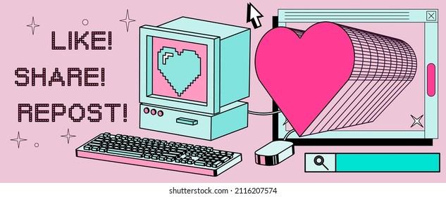 Retro PC Machine With CRT Monitor And Keyboard. Vaporwave Style Vector Illustration In Pastel Colors.