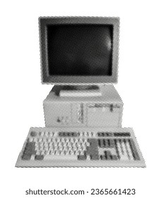 Retro-PC mit Monitor-Tastatur und Systemeinheit einzeln auf weißem Hintergrund Retro-halfton-Vintage-Magazin Stil Collage Element