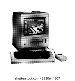 Retro PC offset element for trendy collage. Vector retrofuturistic black and white illustration with halftone pattern.