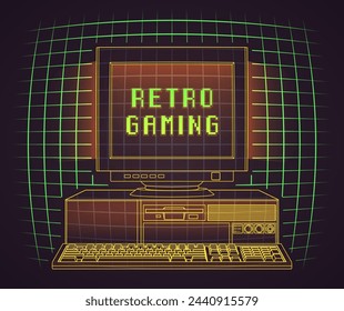 Retro PC in Outline Style Over Green Laser Grid. Vector Retro Computer Gaming Poster or Banner