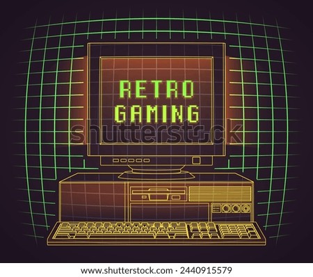 Retro PC in Outline Style Over Green Laser Grid. Vector Retro Computer Gaming Poster or Banner