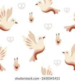 Retro peace doves seamless pattern with boho hands and heart symbols. 60s, 70s vibe, hippie, vintage background