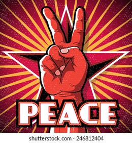 Retro Peace Hand Poster. Great illustration of Retro Style Peace Hand Sign gesturing positive Peaceful Vibes.  