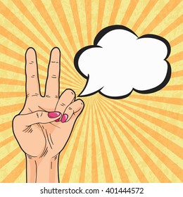 Retro peace hand sign with speech bubble in pop art comics style. Retro vector illustration of Victory hand sign.
