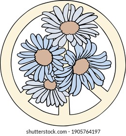 Retro Peace Sign With Blue Daisy Flowers