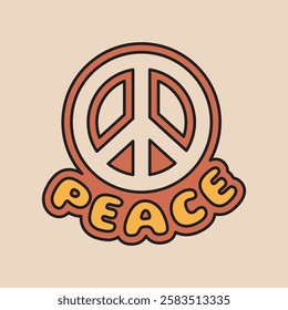 Retro peace sign with bold outlines and 'peace' text in warm colors. Vintage peace symbol evokes nostalgia. Peace and harmony in a classic style. Funky vector illustration.