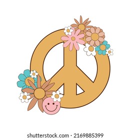 Retro peace symbol. Groovy decorative element isolated on white. Cute floral peace symbol in retro 70s style. Vintage groovy vector element. Print with hand drawn flowers.