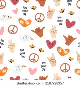 Retro peace symbols seamless pattern isolated on white. Textile vintage style print design with groovy, funky, hippie elements. Positive gestures repeated background. Hand drawn vector illustration