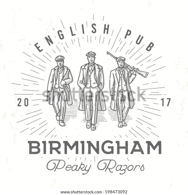 Retro peaky logo. Men in hats with blinders\
illustration. Gangsters vintage poster. English pub insignia.\
Birmingham gang vector\
design