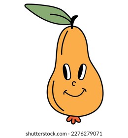 Retro pear with eyes and a smile. Cartoon style. White background, isolate. Vector illustration.  	