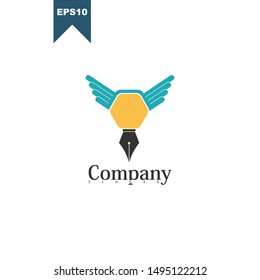 Retro pen with blue wings concept logo design template
