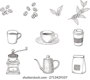 Retro Stiftzeichnung von Kaffeeset