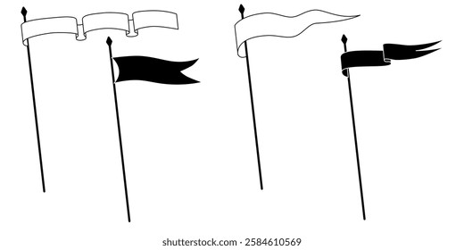 Retro pennant flags, banner pendants and waving blank signs on flagpoles, vector icon. Sport camp or university and varsity royal club pennant flags in white and black line outline or silhouettes