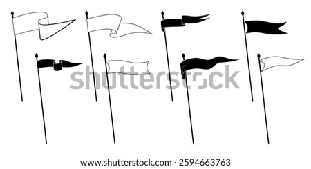 Retro pennant flags, banner pendants and waving blank signs on flagpoles, vector icon. Sport camp or university and varsity royal club pennant flags in white and black line outline or silhouettes