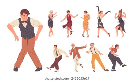 Retro people cartoon characters wearing elegant classical dress and suit dancing swing or charleston