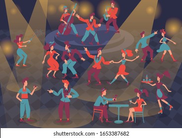 Retro people flat color vector faceless characters set. Jazz musicians and rock n roll dancers. Rockabilly 1950s style ladies and gentlemen isolated cartoon illustrations on spot light background