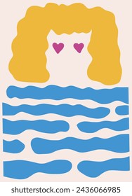 Retro people groovy background. Abstract verical backdrop in retro style 60s, 70s. Colorful ripple waves and people head face silhouette naive funky handdrawn art modern abstract