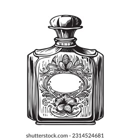 Retro perfume bottle detailed hand drawn sketch illustration