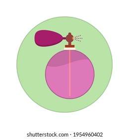 Retro perfume bottle flat round icon with fragrance, spray and smell. Vector illustration. Clipart and drawing on white background.