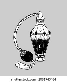 retro perfume bottle with hand pump spray, moon and stars, magic vector illustration