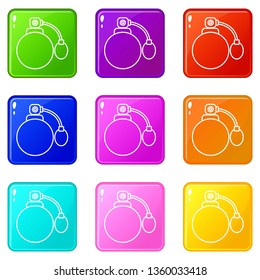 Retro perfume bottle icons set 9 color collection isolated on white for any design