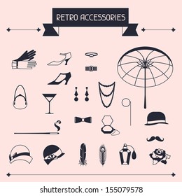 Retro personal accessories, icons and objects of 1920s style.