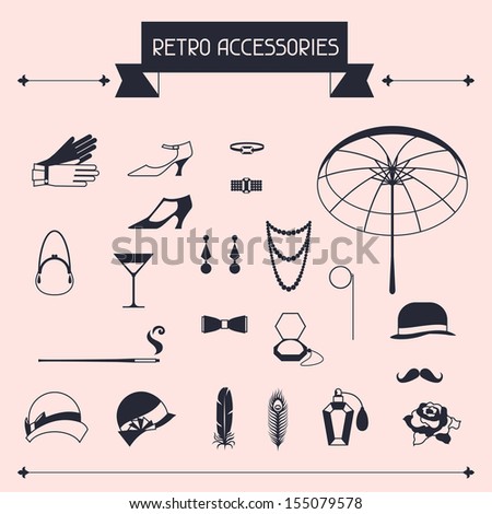 Retro personal accessories, icons and objects of 1920s style.