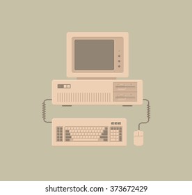 Retro Personal Computer with Keyboard and Mouse - Vector Illustration in Pixel Art Classical Technique