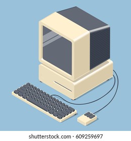 Retro personal computer. Old PC with display, keyboard, mouse. Isometric vector illustration