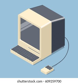 Retro personal computer. Old PC with display, keyboard, mouse. Isometric vector illustration