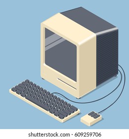 Retro personal computer. Old PC with display, keyboard, mouse. Isometric vector illustration