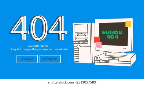 Computador pessoal retrô. A página não tem texto. Erro 404, página não encontrada, conceito de erro do sistema. Site, falha do navegador, janela pop-up, modelo de problema. Ilustração de vetor desenhada à mão