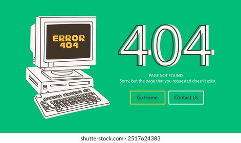 Retro personal computer. Page doesn't exist text. Error 404, page not found, system error concept. Website, browser failure, popping window, problem template. Hand drawn Vector illustration