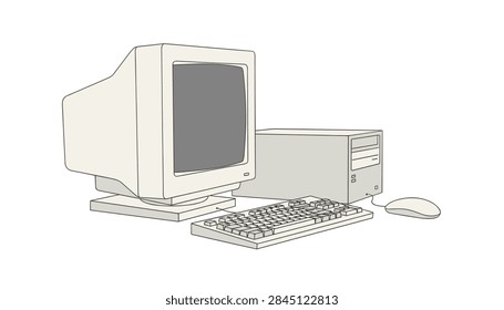 Retro personal computer system from the nineties with a bulky CRT monitor, keyboard, CPU tower, and wired mouse, in hand-drawn style.