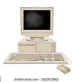 Retro personal computer with system unit large monitor keyboard and mouse vector graphic illustration. Old vintage pc 3d front view isolated on white background