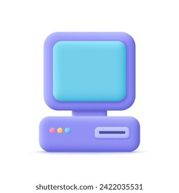 Retro personal computer with system unit and monitor display. 3d vector icon. Cartoon minimal style.