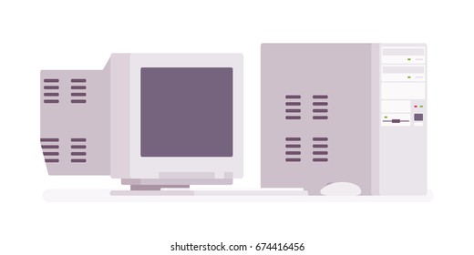 Retro personal computer, vintage model. Old classic office equipment collecting in the garage or attic. Vector flat style cartoon illustration, isolated, white background