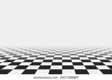 Retro perspective background stage with a black and white checkered floor, featuring vintage chess board style. Fading away vanishing checkerboard texture. Abstract vector illustration pattern surface